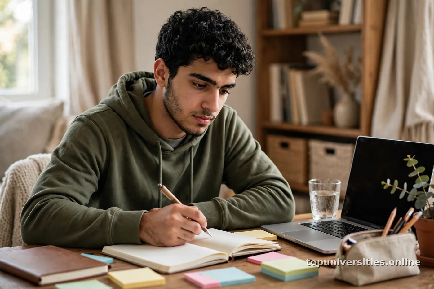 طالب عربي يخطط لمستقبله الدراسي أمام لوحة ملاحظات