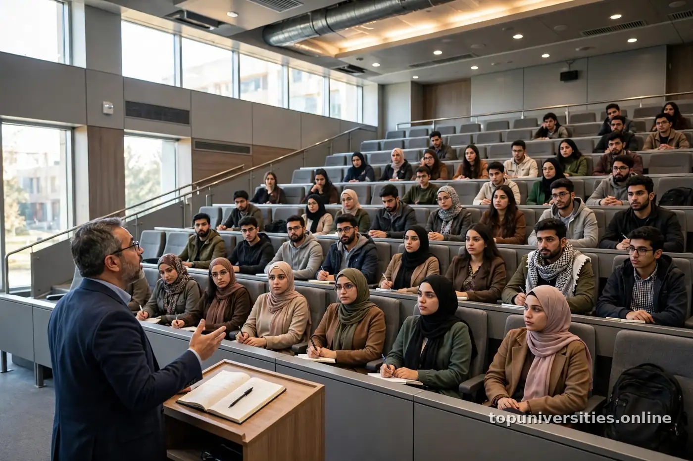 قاعة محاضرات جامعية كبيرة مليئة بالطلاب العرب
