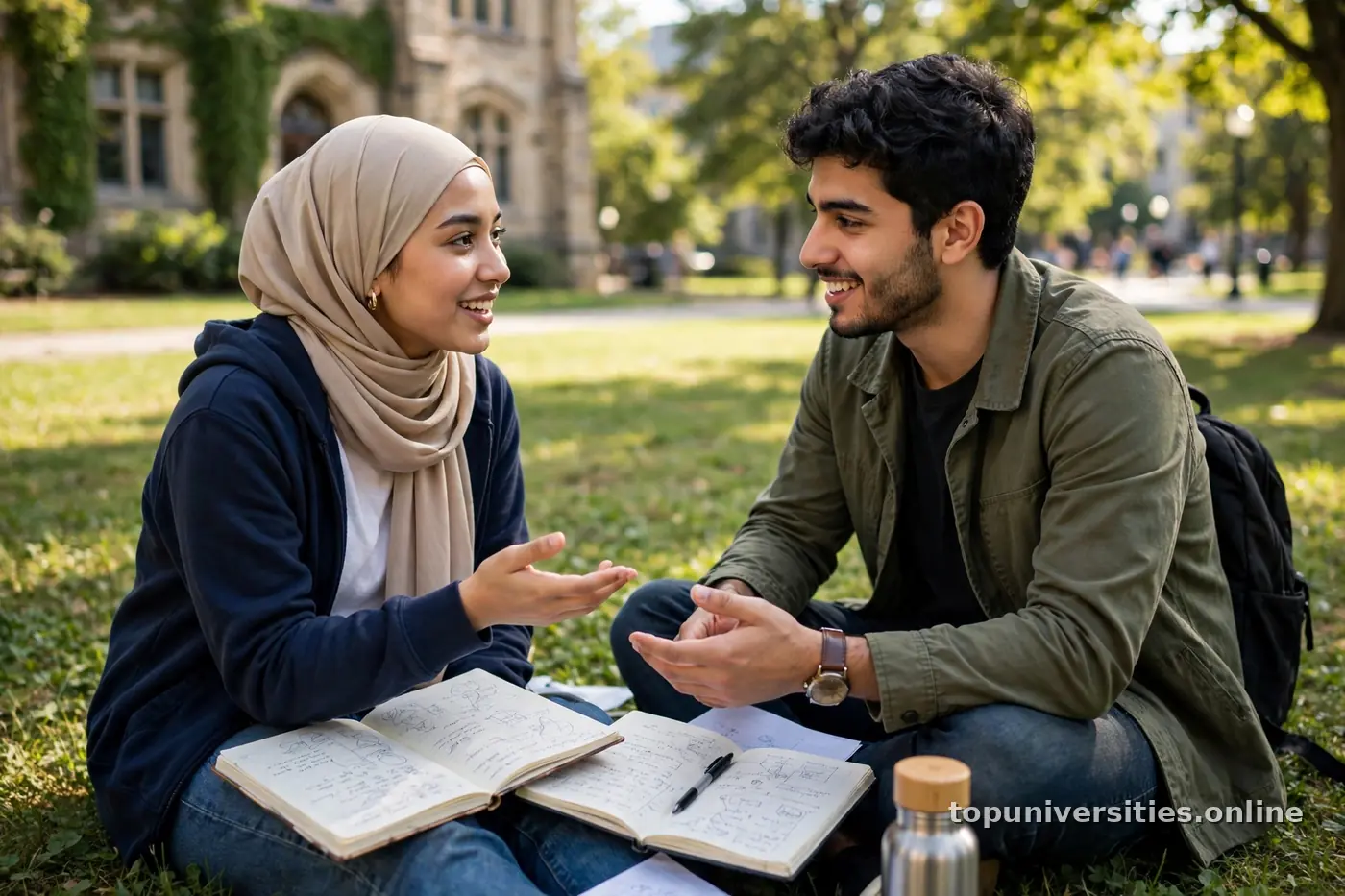 طالبان عربيان يتناقشان حول اختيار الجامعة في الحرم