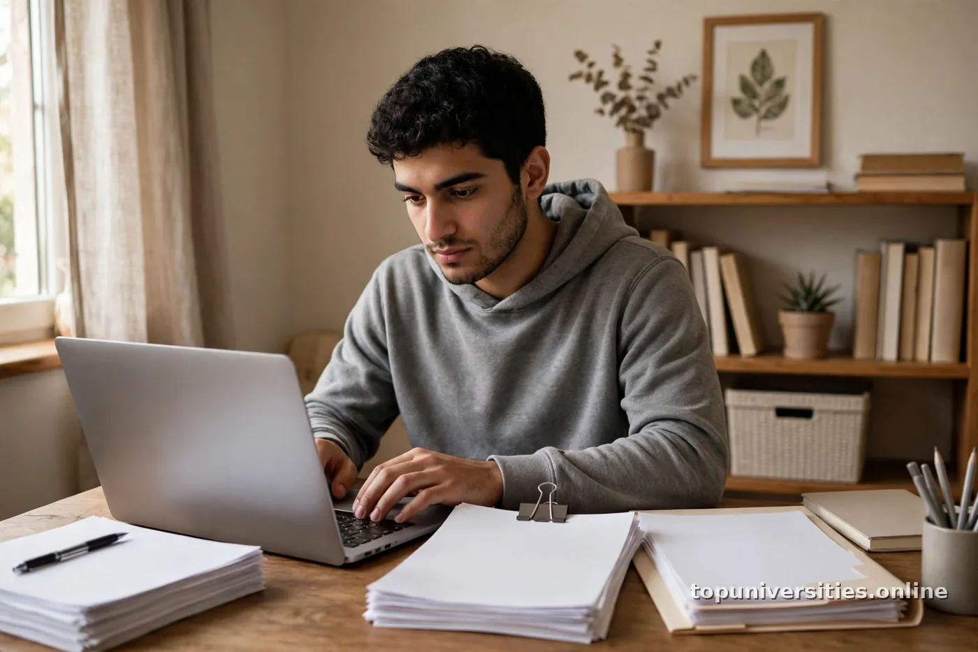 طالب عربي يملأ طلب تقديم جامعي إلكتروني على حاسوب