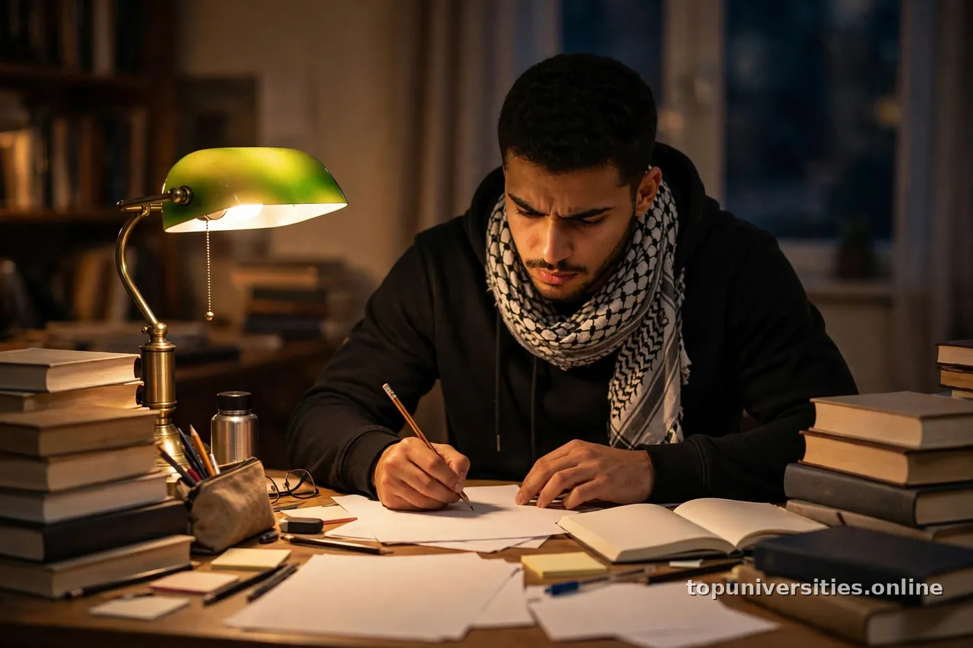 طالب عربي يستعد لاختبار القبول الجامعي بمذاكرة مركزة