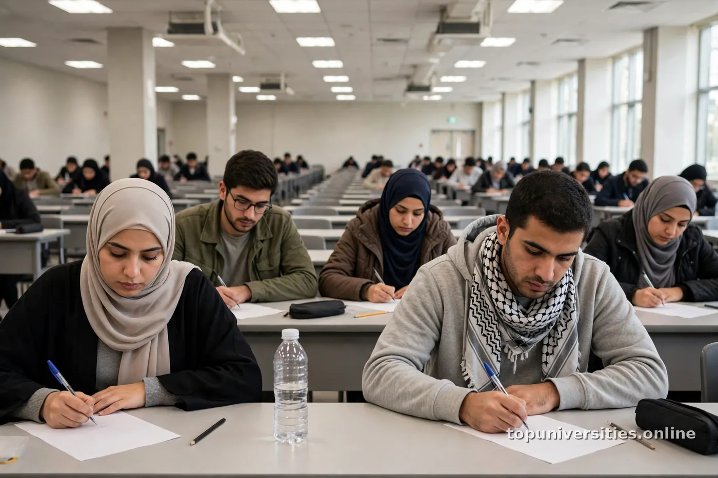 طلاب عرب يؤدون اختباراً في قاعة امتحانات جامعية