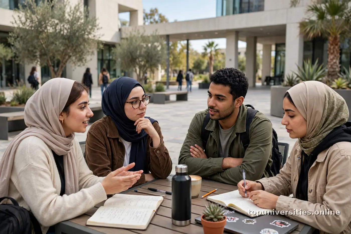 طلاب جامعيون عرب يناقشون خياراتهم المهنية في حرم جامعي حديث