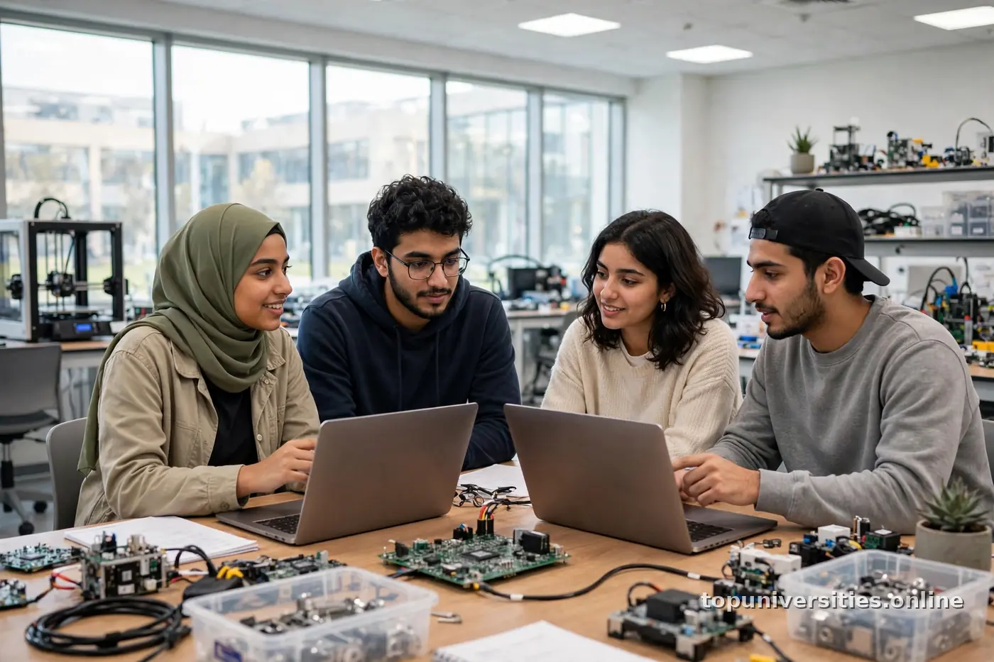 طلاب عرب يعملون على الحواسيب في مختبر تقني جامعي