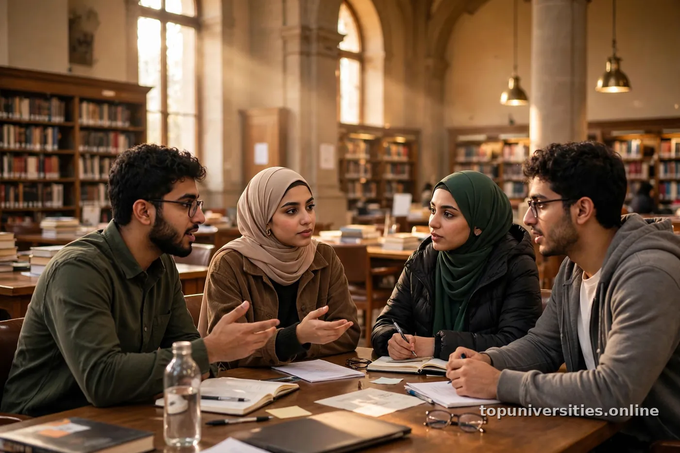 خريجون عرب يتبادلون الحديث في مكتبة جامعية