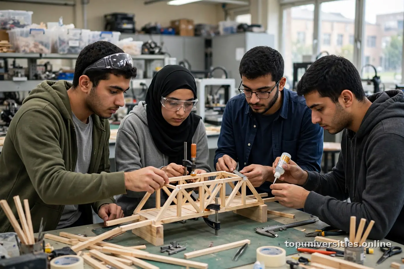 طلاب هندسة عرب يعملون على نموذج جسر في مختبر جامعي