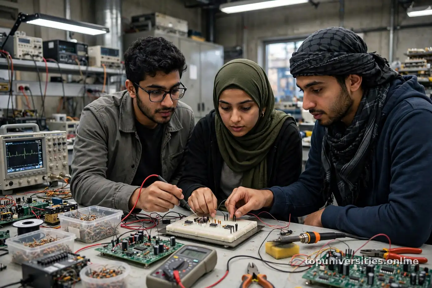 مختبر هندسة كهربائية وطلاب يفحصون دوائر إلكترونية