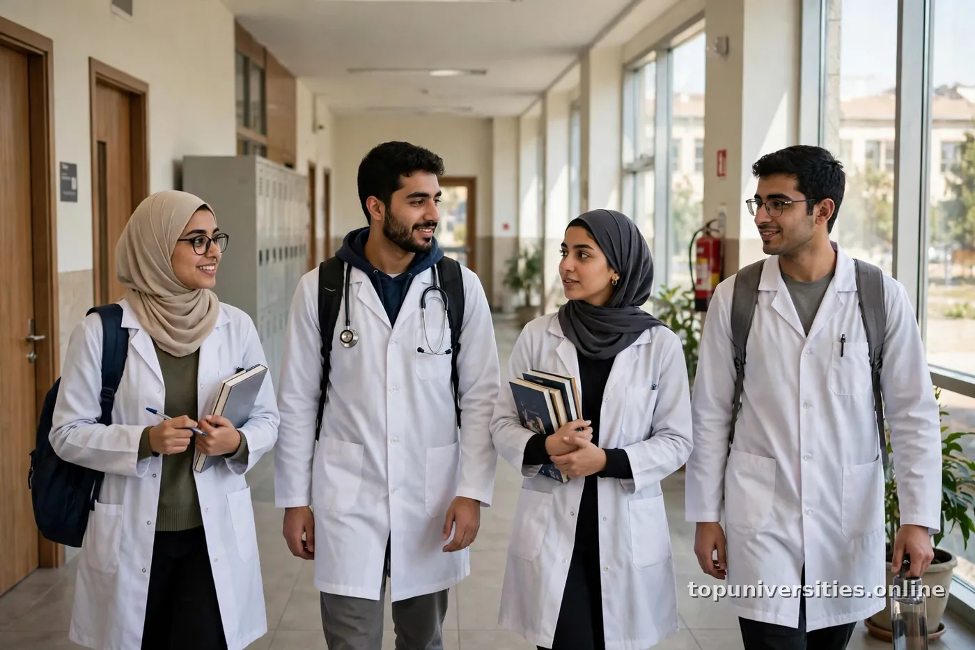 طلاب طب عرب بالمعاطف البيضاء في بهو كلية الطب
