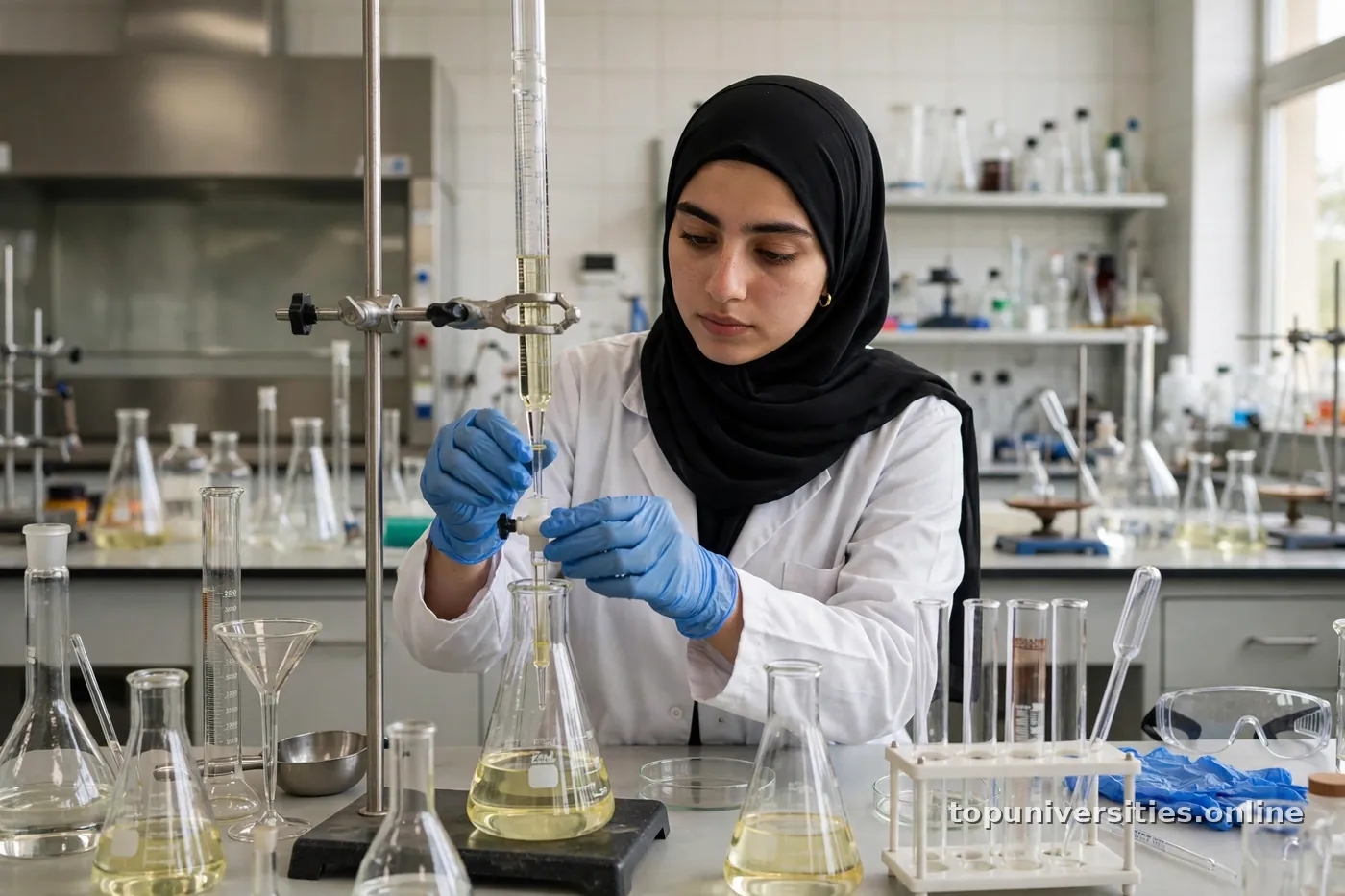 طالبة صيدلة عربية في مختبر جامعي