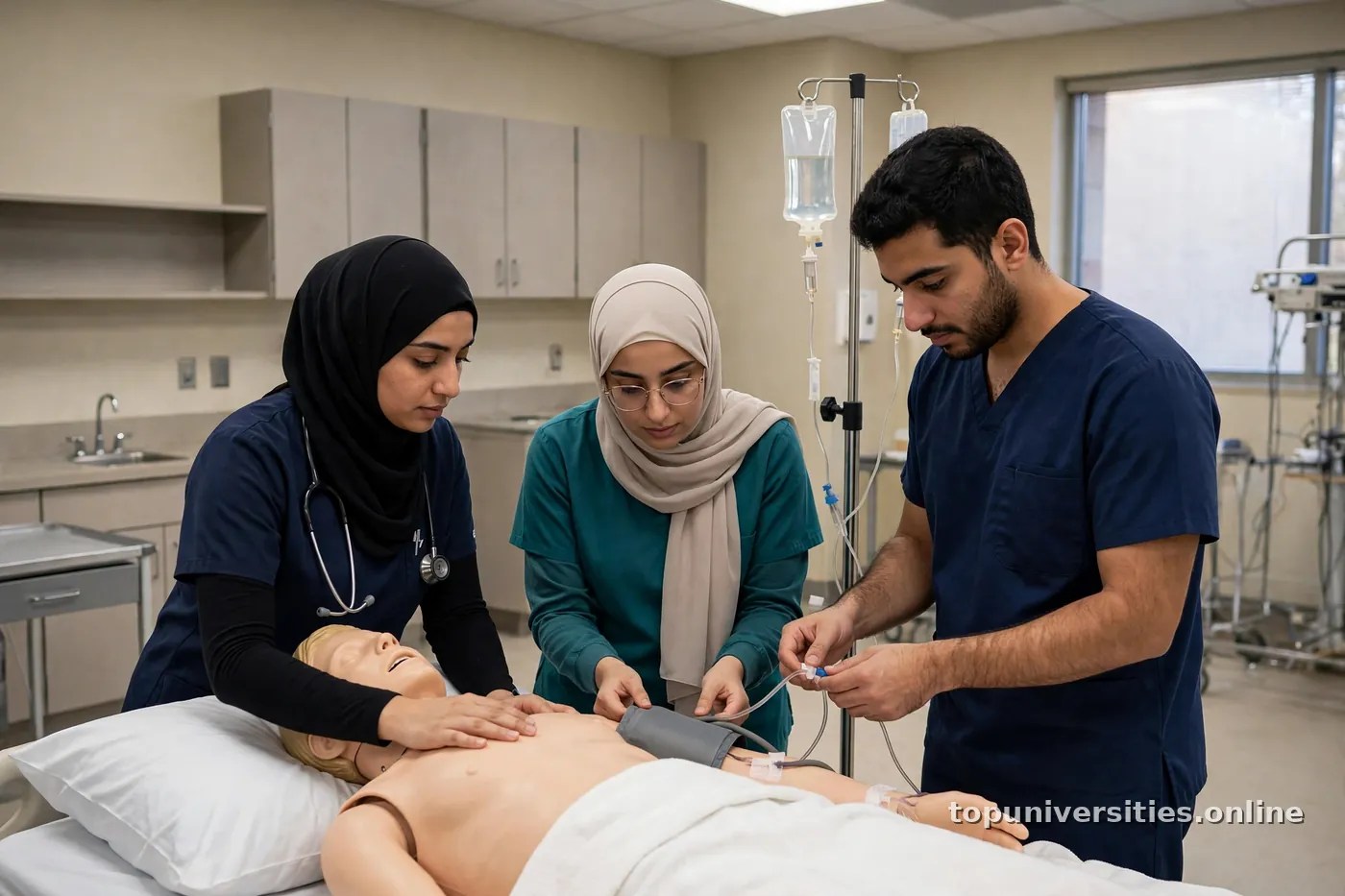 تدريب عملي على التمريض في قاعة محاكاة جامعية
