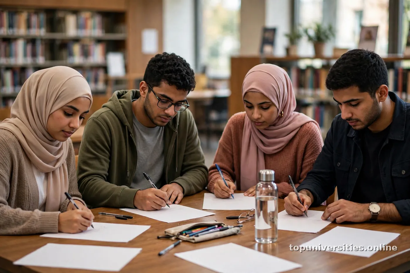 طلاب عرب يملؤون استمارات تقديم في مكتبة