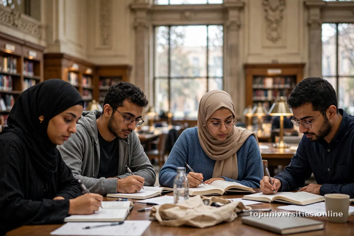 طلاب دراسات عليا عرب في مكتبة جامعية أجنبية