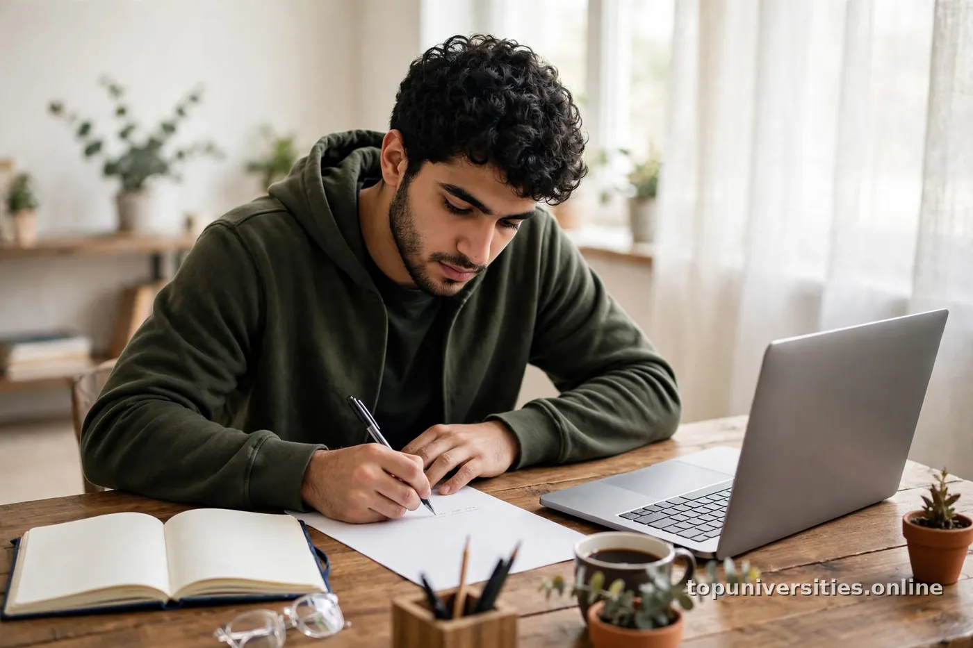 طالب عربي يكتب خطاب الدافع للمنحة الدراسية على مكتبه