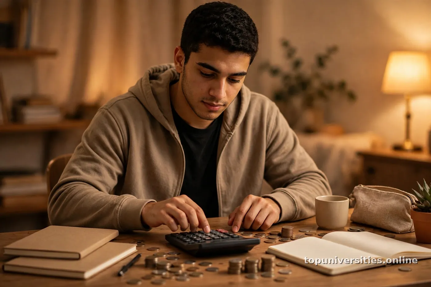 طالب جامعي يخطط لميزانية الدراسة باستخدام الآلة الحاسبة