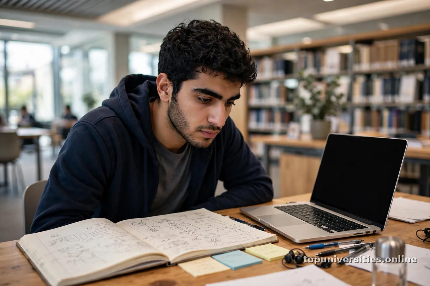 طالب جامعي عربي يذاكر في مكتبة الجامعة
