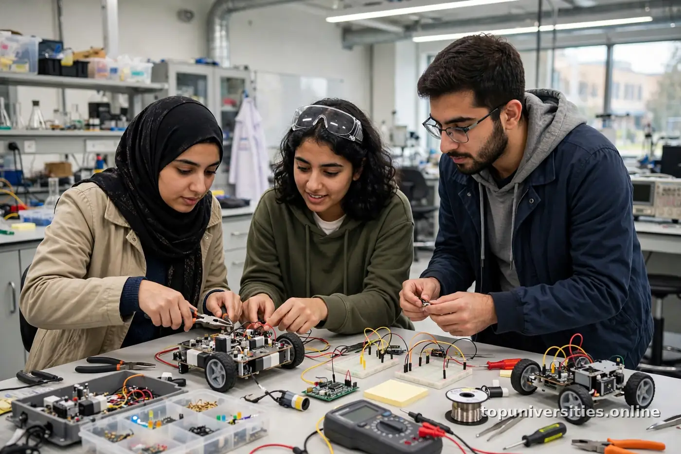 طلبة يعملون على مشروع عملي في مختبر جامعي